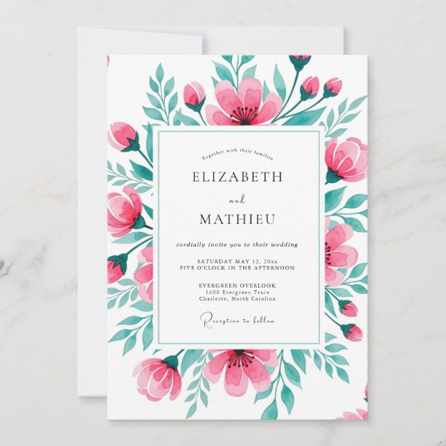 Pink Teal Vibrant Botanical Wedding Invitation (Front)