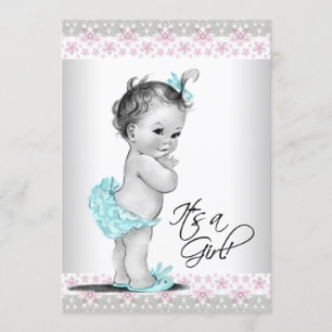 Pink Teal Vintage Baby Girl Shower Invitations