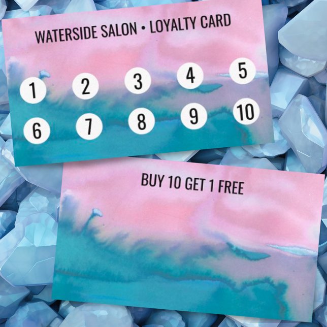 Pink Teal  Watercolor Abstract 10  Loyalty Card (Watercolor pink and blue loyalty card design)