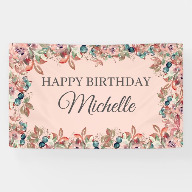Pink Teal Watercolor Floral Happy Birthday Banner (Horizontal)