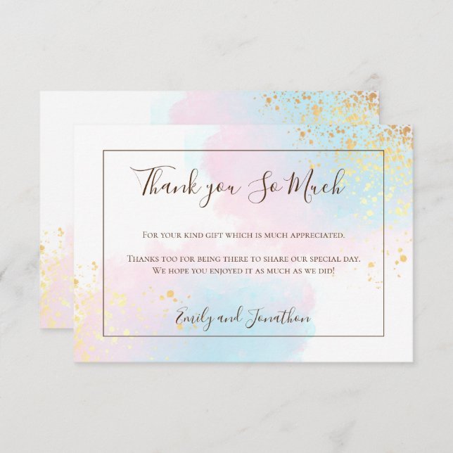 Pink Teal Watercolor Gold Confetti Wedding Thank You Card (Front/Back)