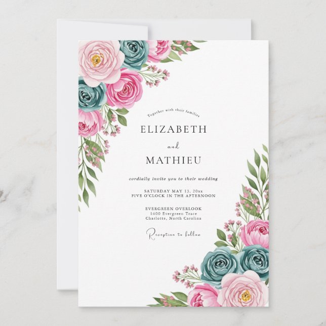 Pink Teal Watercolor Spring Wedding Invitation (Front)
