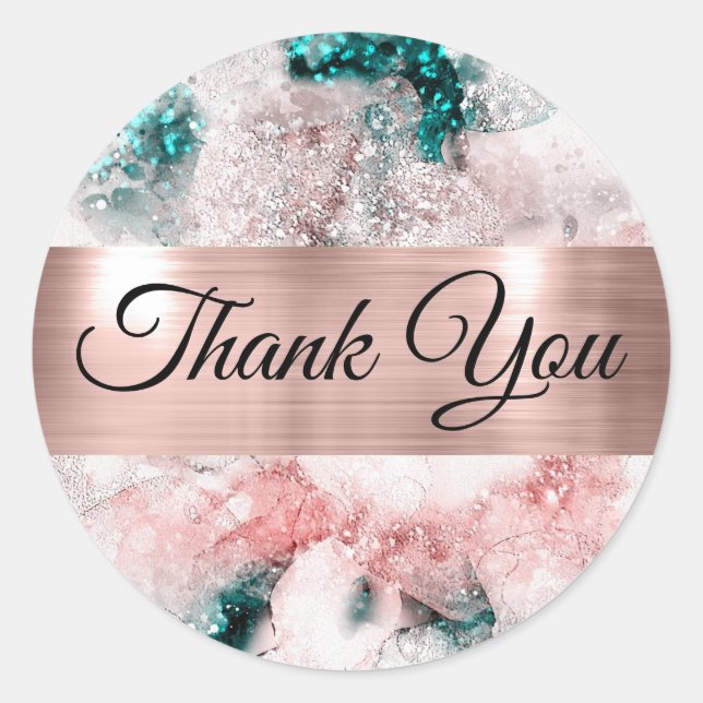 Pink Teal Watercolor Thank you Classic Round Sticker (Front)