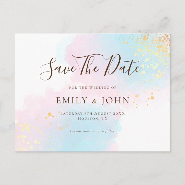 Pink Teal Watercolors Gold Wedding Save The Date Postcard (Front)