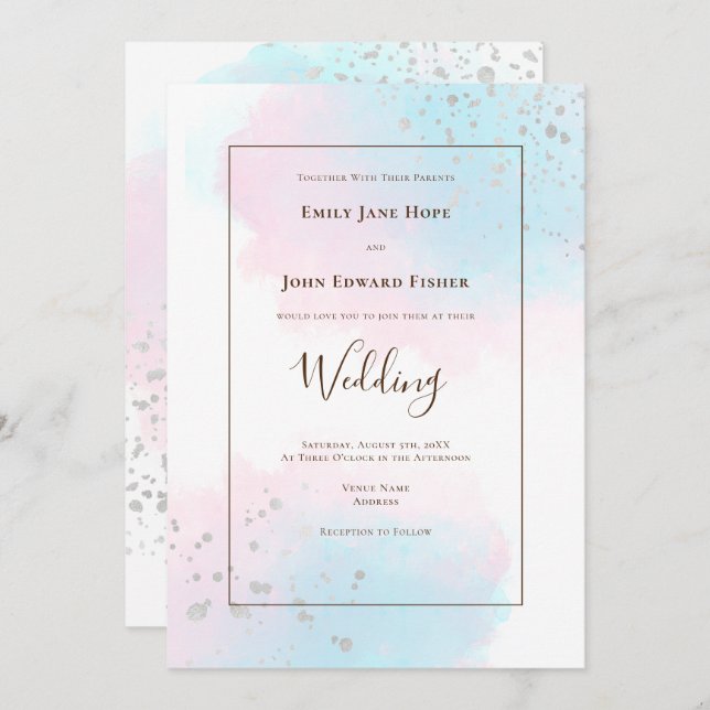Pink Teal Watercolors Silver Confetti Wedding Invitation (Front/Back)