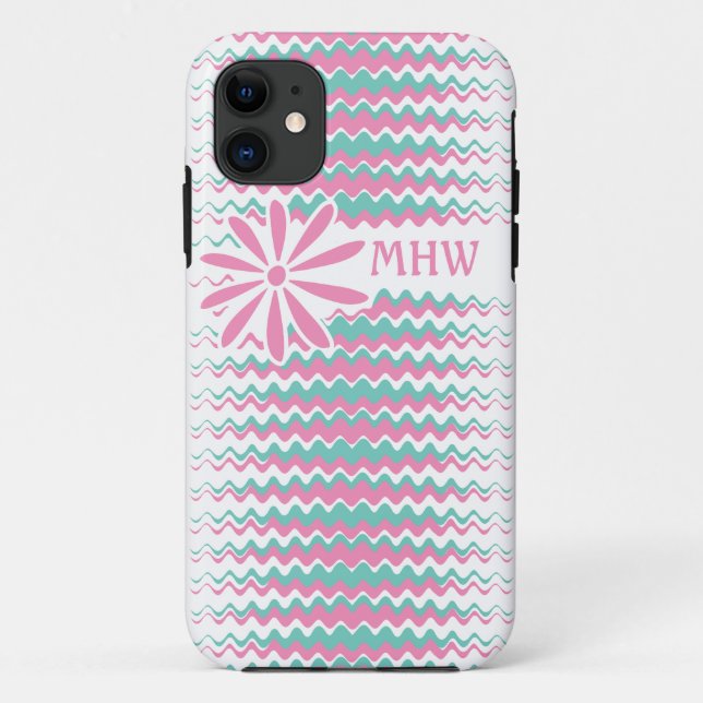 Pink & Teal Wavy Stripes custom monogram cases (Back)