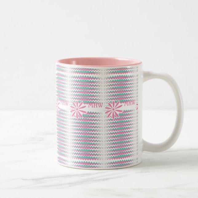 Pink & Teal Wavy Stripes custom monogram mugs (Right)