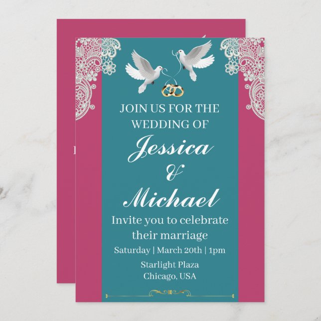 Pink & Teal Wedding Invitation (Front/Back)