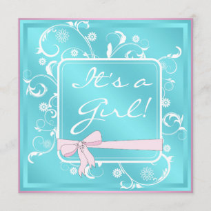 Pink Teal White Baby Girl Shower Invitations