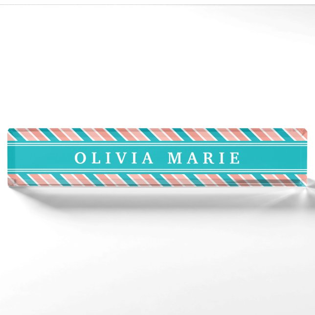 Pink Teal White Stripe Pattern with Name Nameplate (Front)
