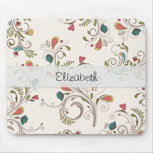 Pink Teal Yellow Flower Swirl Stitched Vellum Mouse Pad