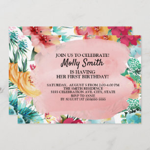Pink Teal Yellow Flowers Girl First Birthday Invitation