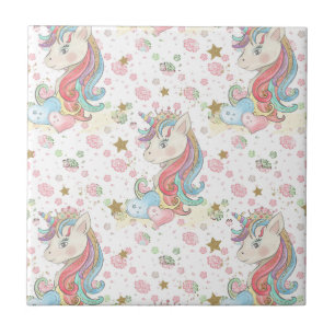 Pink Teal Yellow Unicorn Colourful Ceramic Tile