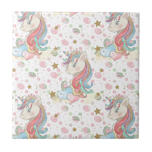 Pink Teal Yellow Unicorn Colourful Ceramic Tile (Front)