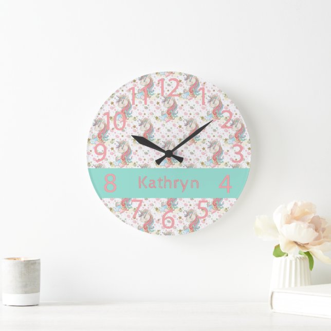 Pink Teal Yellow Unicorn Colourful Large Clock (Home)