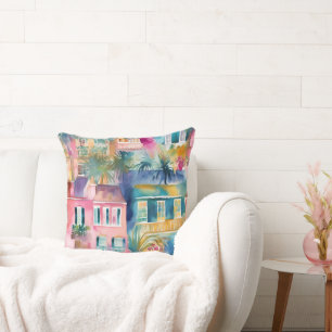 Pink Teal Yellow Watercolor Houses Palm Trees Cushion