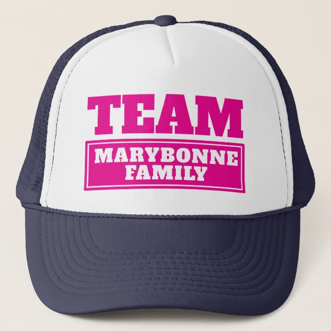 Pink team personalised team name or family name trucker hat (Front)