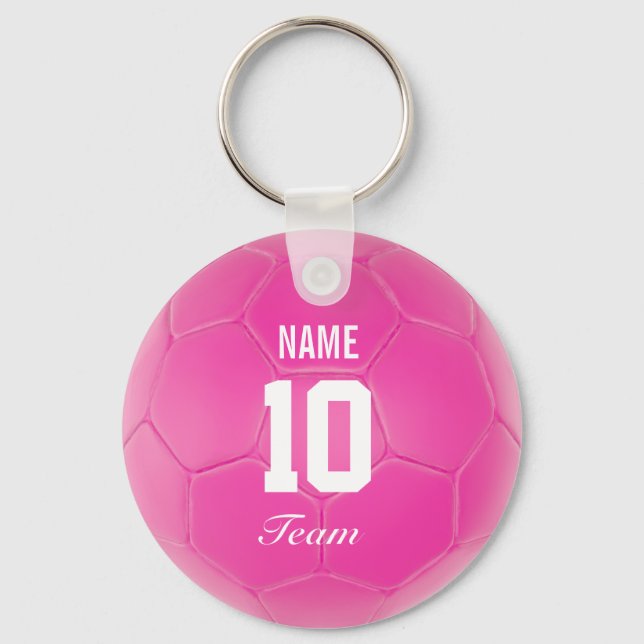 Pink Team Soccer Ball Personalized Name Key Ring (Front)