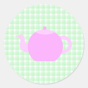 Pink Teapot Design on Green Check. Classic Round Sticker
