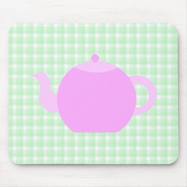 Pink Teapot Design on Green Check. Mouse Pad (Front)