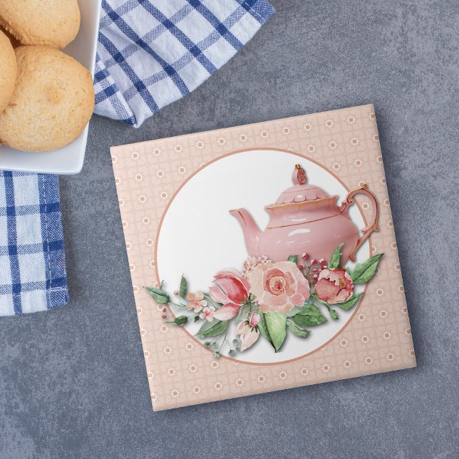 Pink Teapot Floral Pattern Frame Ceramic Tile (Creator Uploaded)