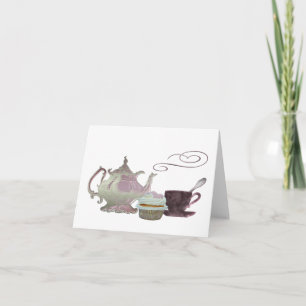 Pink Teapot, Teacup and Cupcake Art Card