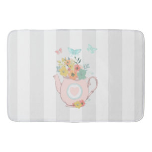 Pink Teapot with Flowers & Butterflies Bath Mat
