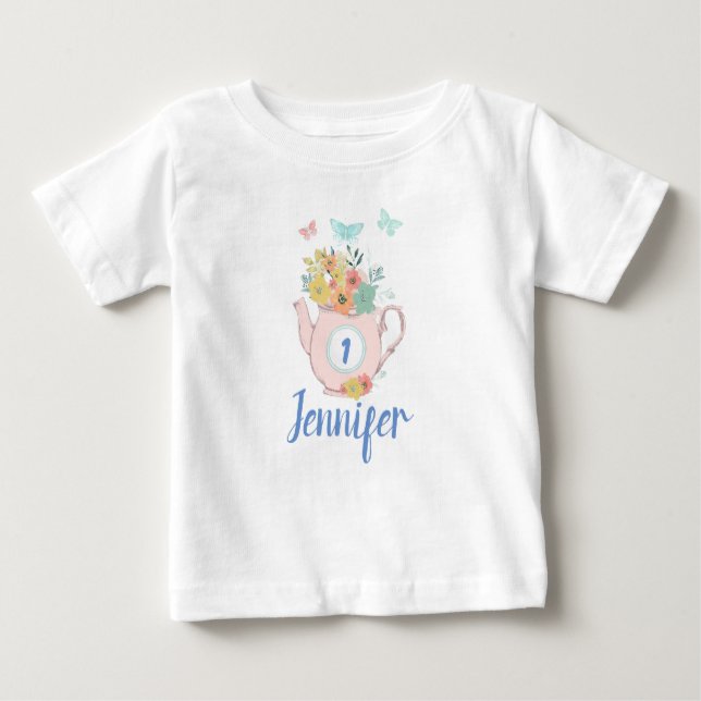 Pink Teapot with Flowers & Butterflies Birthday Baby T-Shirt (Front)