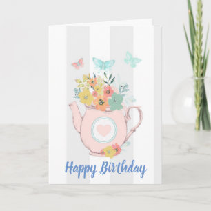 Pink Teapot with Flowers & Butterflies Birthday Card