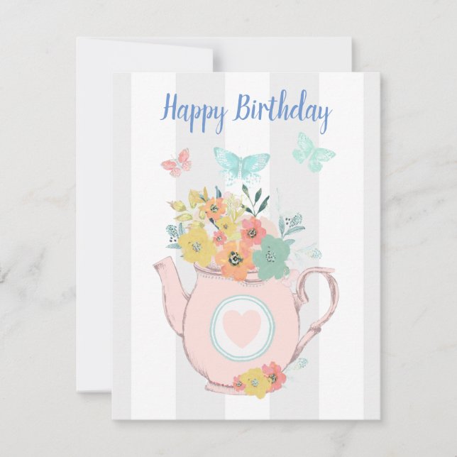 Pink Teapot with Flowers & Butterflies Birthday Holiday Card (Front)