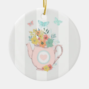 Pink Teapot with Flowers & Butterflies Ceramic Ornament