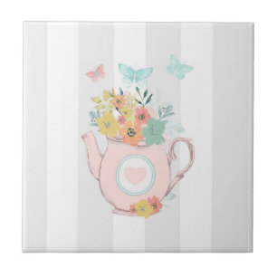 Pink Teapot with Flowers & Butterflies Ceramic Tile