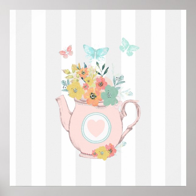 Pink Teapot with Flowers & Butterflies Grey Stripe Poster (Front)