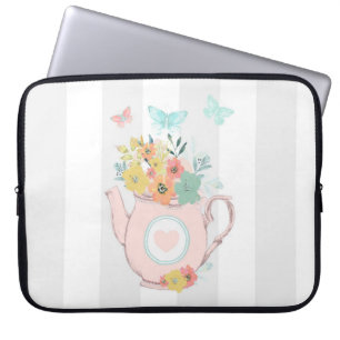 Pink Teapot with Flowers & Butterflies Laptop Sleeve