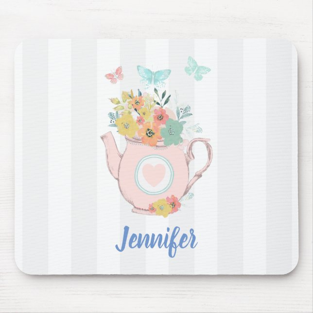 Pink Teapot with Flowers & Butterflies Mouse Pad (Front)
