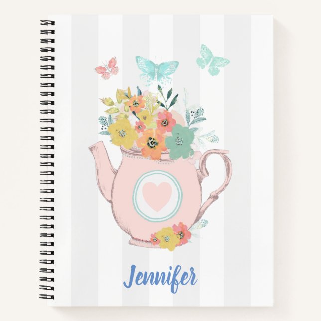 Pink Teapot with Flowers & Butterflies Notebook (Front)