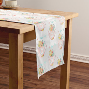 Pink Teapot with Flowers & Butterflies Pattern Short Table Runner