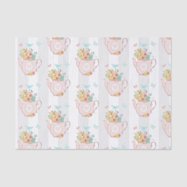 Pink Teapot with Flowers & Butterflies Pattern Tissue Paper (Front)