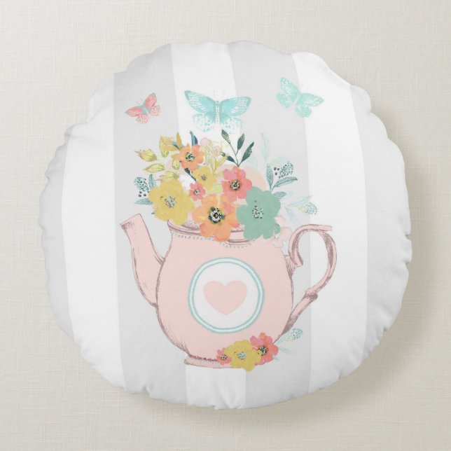 Pink Teapot with Flowers & Butterflies Round Cushion (Front)
