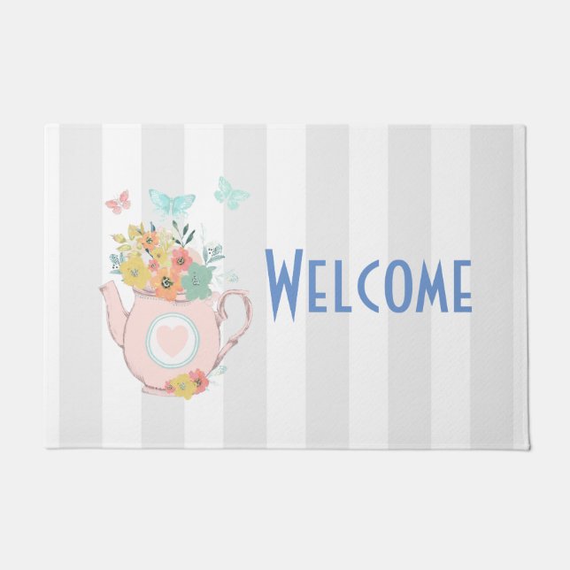 Pink Teapot with Flowers & Butterflies Welcome Doormat (Front)
