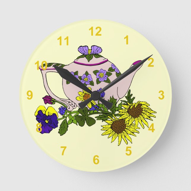 Pink Teapot With Flowers on Yellow Round Clock (Front)