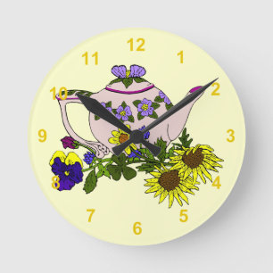 Pink Teapot With Flowers on Yellow Round Clock