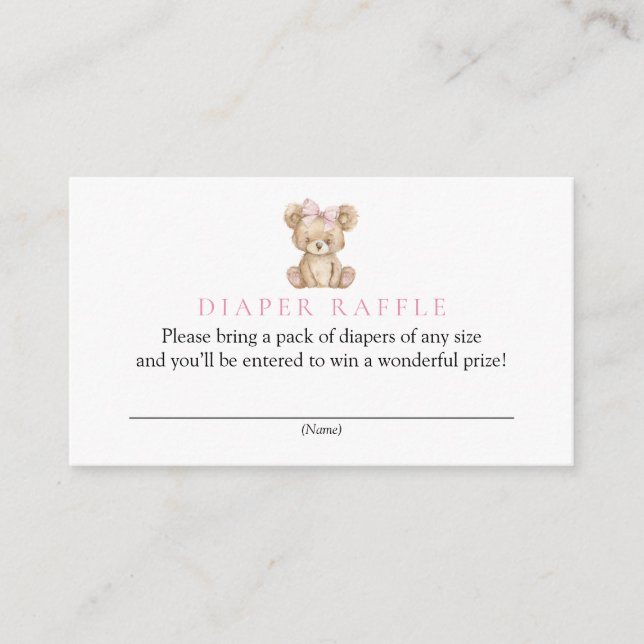 Pink Tedder Bear Baby Shower Diaper Raffle Enclosure Card (Front)