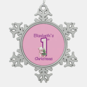 Pink Teddies First Christmas Cheer! Snowflake Pewter Christmas Ornament