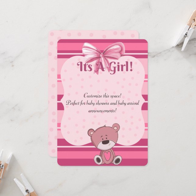 Pink Teddy Baby Shower Invitation/ Anouncement Invitation (Front/Back In Situ)