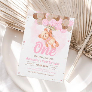 Pink Teddy Bear 1st Birthday Bear with Balloons Invitation