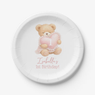 Pink Teddy Bear 1st Birthday Girl Paper Plate