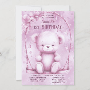 Pink Teddy Bear 1st Birthday Invitation