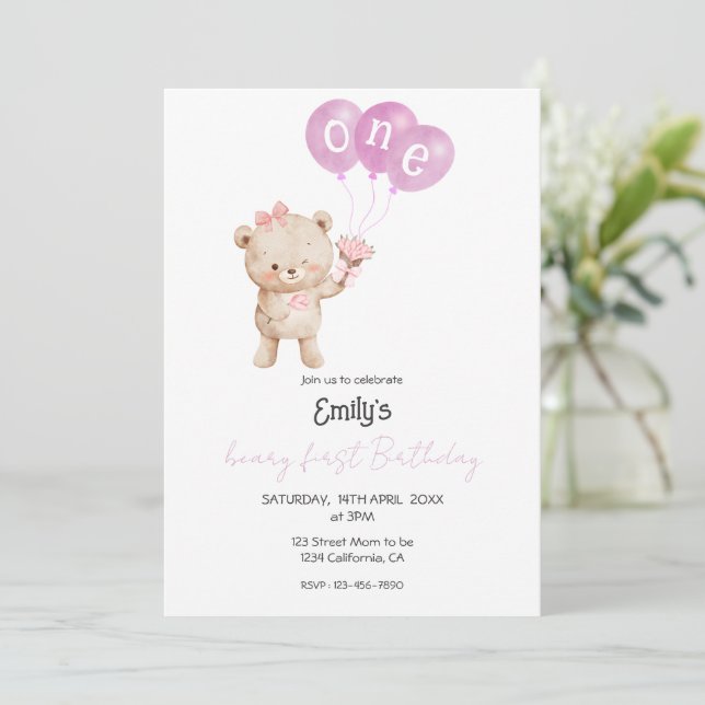 Pink Teddy Bear 1st Birthday Party for Girl Invitation (Standing Front)