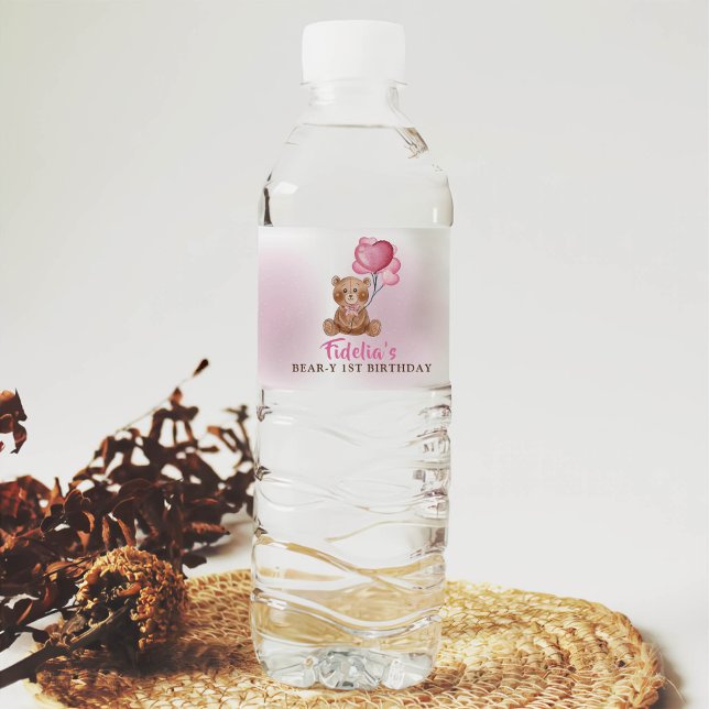 Pink Teddy Bear 1st Birthday Water Bottle Label (Creator Uploaded)